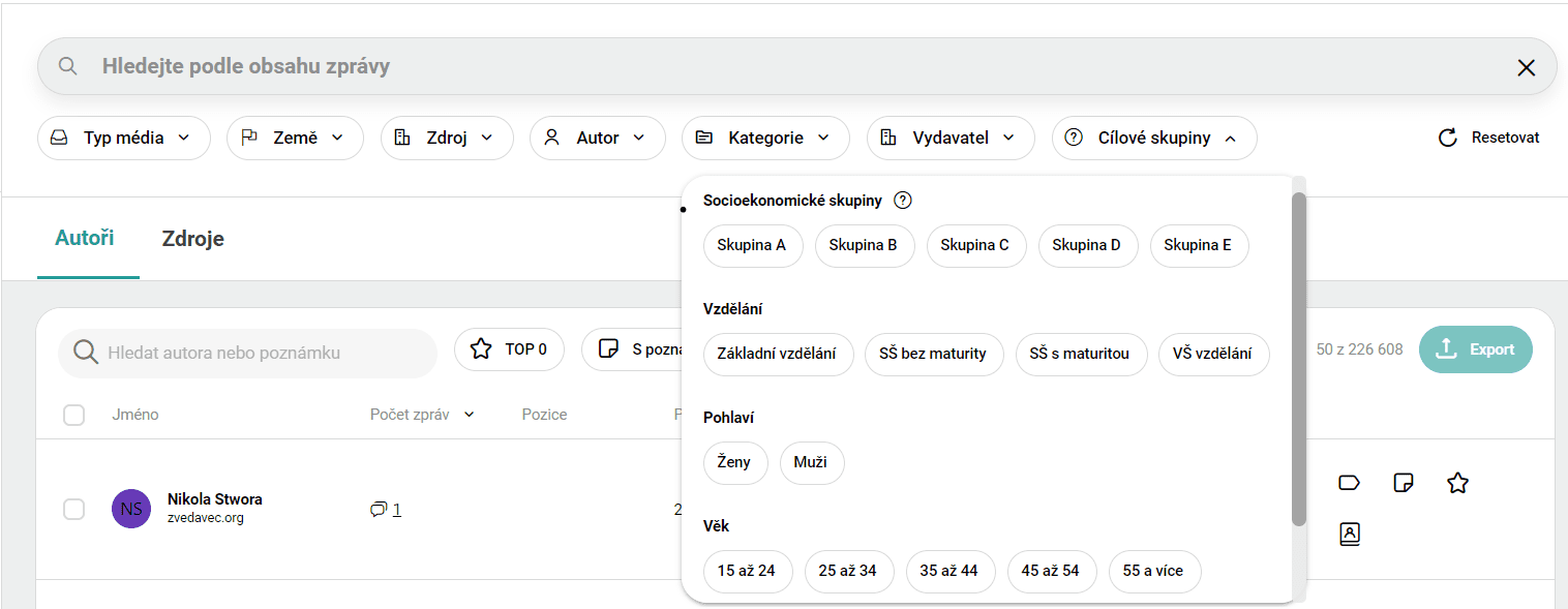 Filtrace autorů v Mediabase